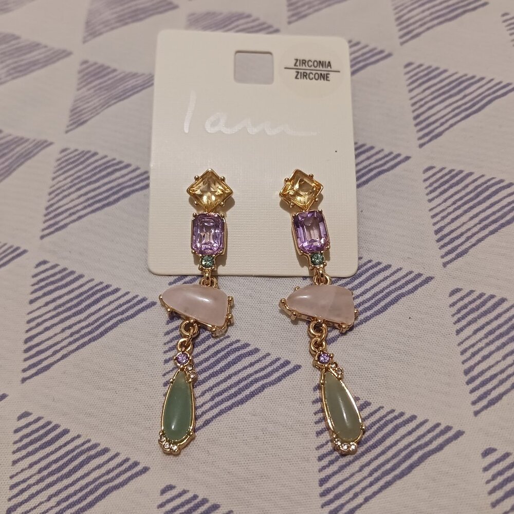 I Am Fashion Jewelry Gold Tone Zirconia Multi Color Stone Dangle Drop Earrings